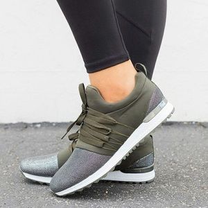 Khaki Olive Shimmery Metallic Slip On Sneakers